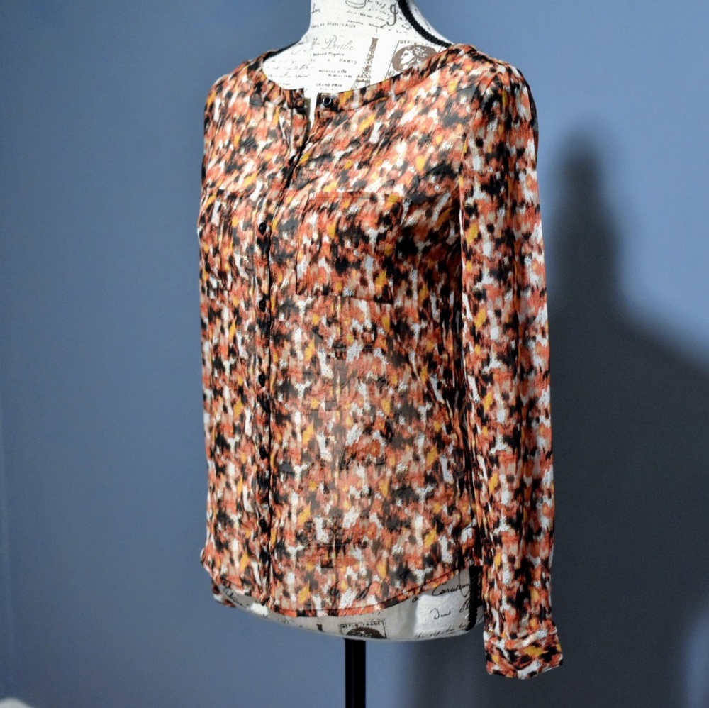 UO Ecote Sheer Patterned Button Down Blouse